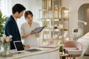 エステサロンの受付で予約と売上データを確認する様子