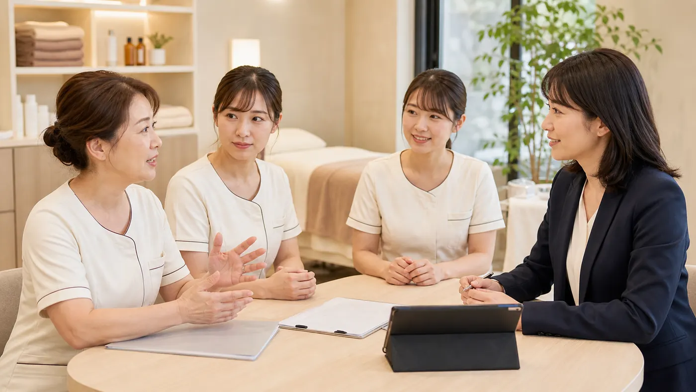 エステサロンのスタッフ承継について話し合う女性スタッフとアドバイザー